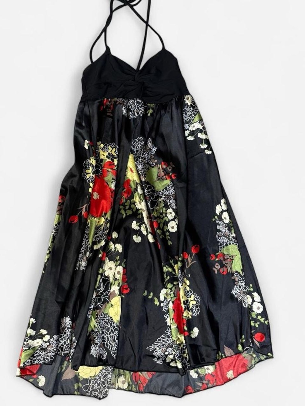 Black Floral Halter Evening Dress with Red Accents